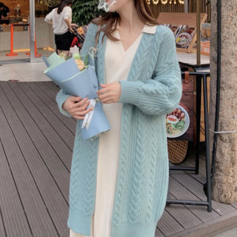Voguable  Korean Medium Length Pink Retro Loose Fit Knit Cardigan Autumn Winter Casual Fried Dough Twists Thick Lazy Style Sweater Coat voguable