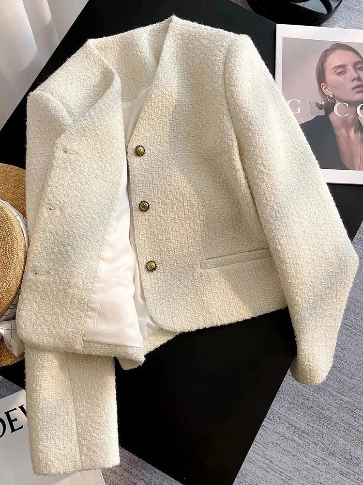 Slim Elegant Tweed Jacket Women Vintage Long Sleeve Sweet Short Coat French Casual Vintage Lady V Neck Single Breasted Tops voguable
