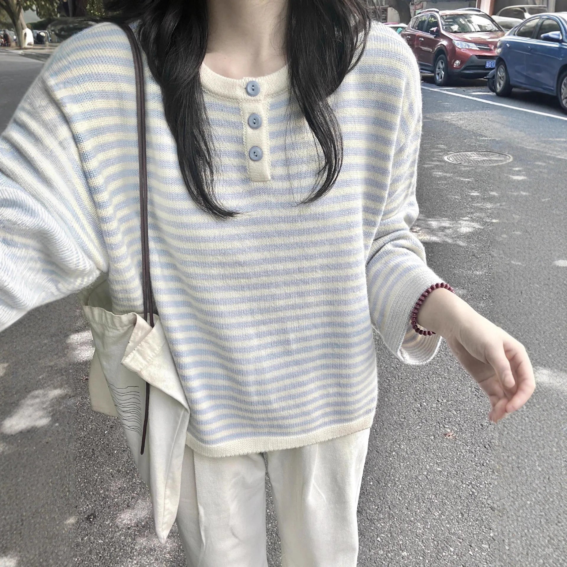 Voguable  Vintage Women Striped Knit Sweater Button Crew Neck Long Sleeve Casual Pullover Woman Spring Autumn Loose Fit Casual Sweater Top voguable