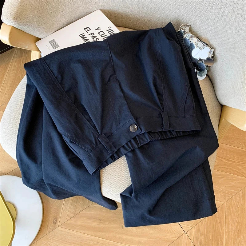 Casual Elegant Wide Leg Pant Women Vintage High Waist Loose Korean Trousers Fall Winter Pockets Solid Simple Retro Pants voguable