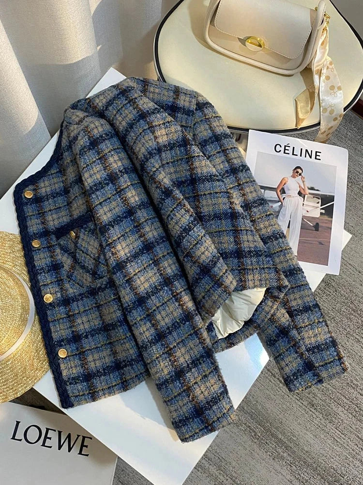 Thick Warm Elegant Tweed Jacket Women Slim Vintage Long Sleeve Winter Coat Korean Casual O Neck Female Retro Sweet Tops New voguable