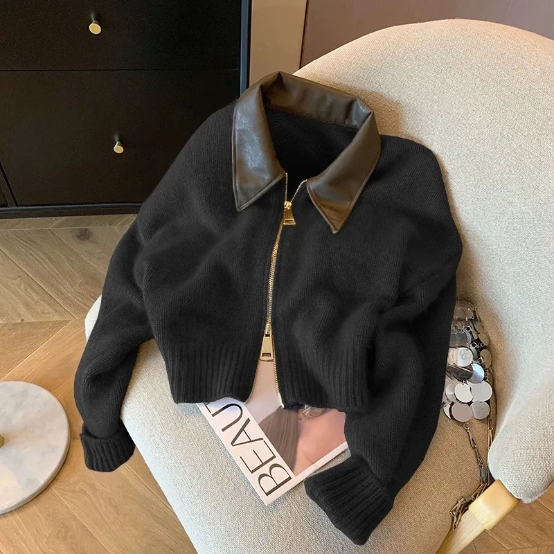 Spliced Leather Collar Knit Sweater Fashion Double Zipper Cardigan Women's Autumn/Winter New Soft Vintage Long Sleeve Streetwear voguable