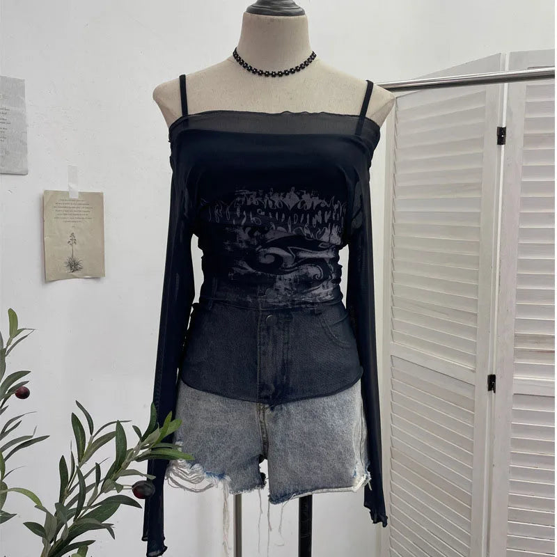 Sexy Slash Neck Mesh Sunscreen T Shirt Y2K Streetwear Print Long Sleeve Patchwork Camis Suit Fashion Folds Slim All Match Tees voguable