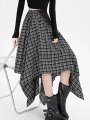 Y2K Streetwear Plaid Long Skirt Women High Waist Retro Hip Hop Irregular Skirt Fall Casual American Gothic Female Long Skirts voguable