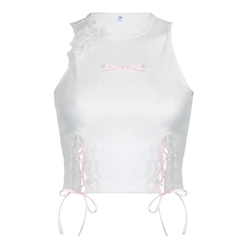 Voguable  Sweet Lace Stitching Hollow Out Tank Top Women Cute Bow Bandage Sleeveless Crop Tops Y2K Casual Basic Vest Lolita Camis voguable
