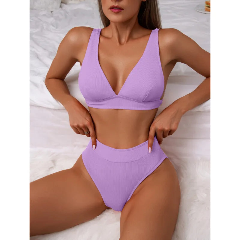 Voguable  New All Season Solid Backless Bikini Sexy High Waist V Neck Beach Bikini for Women Split Swimsuit Bikini 2 Piece Set voguable