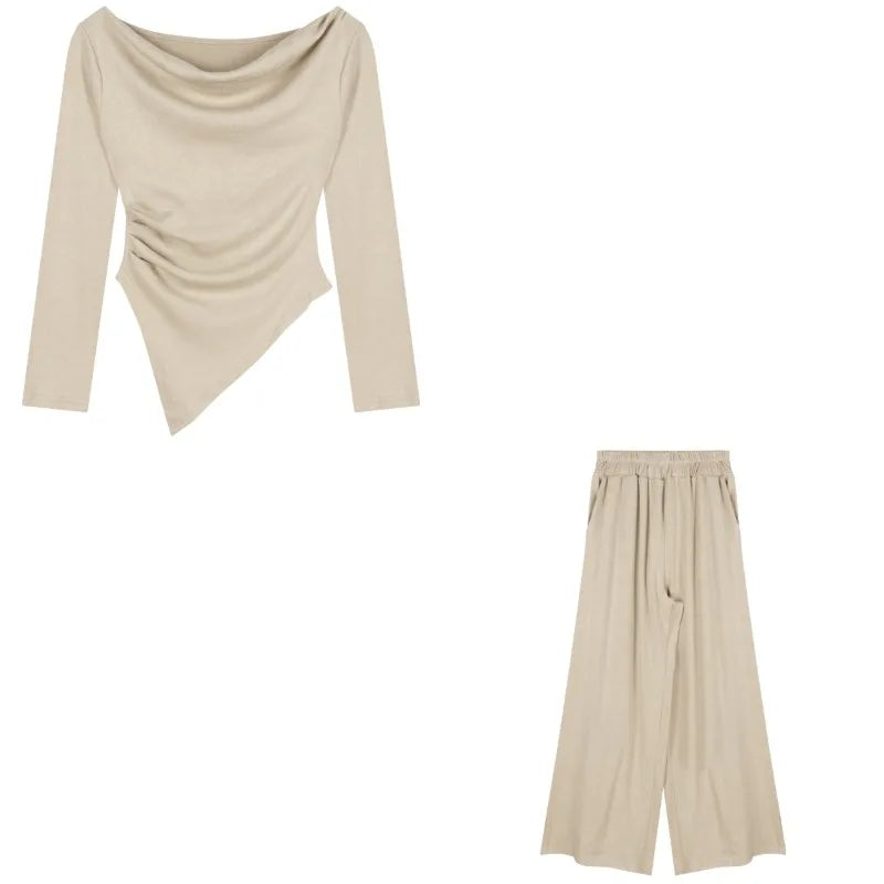 Voguable  Autumn New Streetwear Sexy Backless Irregular Long-sleeved T-shirt Women + Loose Casual Wide-leg Pants Two-piece Suit voguable