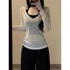 Long Sleeve Women Sun-protective T-shirts+ Camisole Set Korean Slim Basic Elasticity Pullovers Thin Perspective Sexy 2 Piece Set voguable