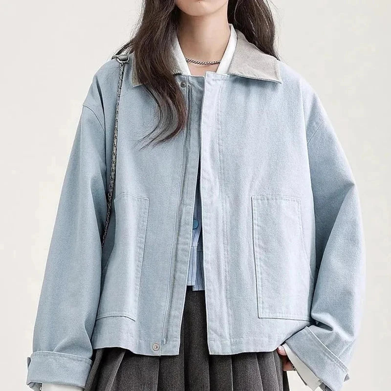 Blue Cargo Jacket Women Sweet Preppy Style Long Sleeve Retro Coat Casual Patchwork Turn Down Collar Korean Fall Outwear Top voguable