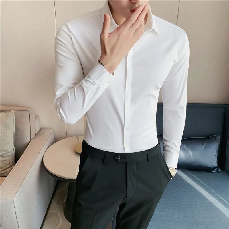 Plus Size 4XL-M High Elasticity Seamless Shirts Men Long Sleeve Top Quality Slim Casual Luxury Shirt Social Formal Dress Shirts voguable