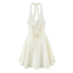 Sexy Backless Halter Mini Plaid Dress Women Deep V  Lacing Up Bandage Back A-line  Holiday Summer Dresses Short Robe voguable