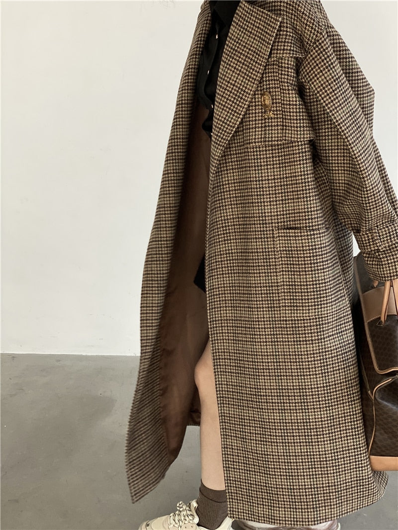 Autumn Winter Long Loose Stylish Warm Plaid Wool Blends Coat Women Sashes Luxury Designer Runway European Fashion voguable