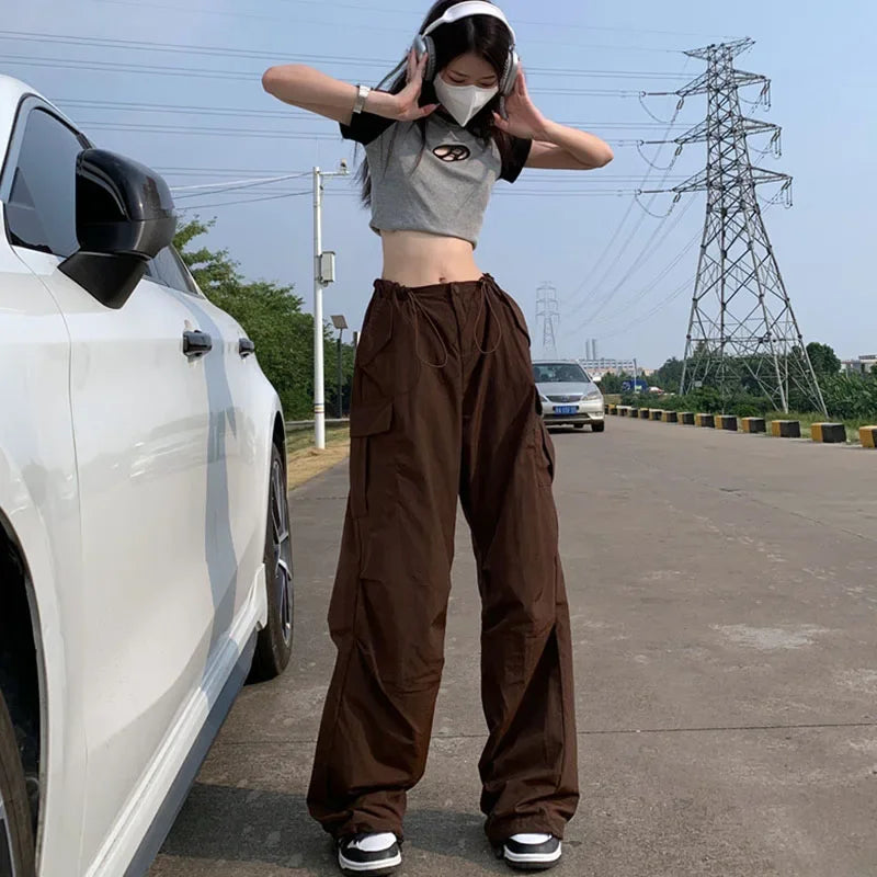 Y2K Brown Drawstring Cargo Pants Women Vintage Hip Hop Streetwear Baggy Pocket Wide Leg Trousers Summer Casual Straight Pants voguable