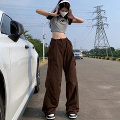 Y2K Brown Drawstring Cargo Pants Women Vintage Hip Hop Streetwear Baggy Pocket Wide Leg Trousers Summer Casual Straight Pants voguable