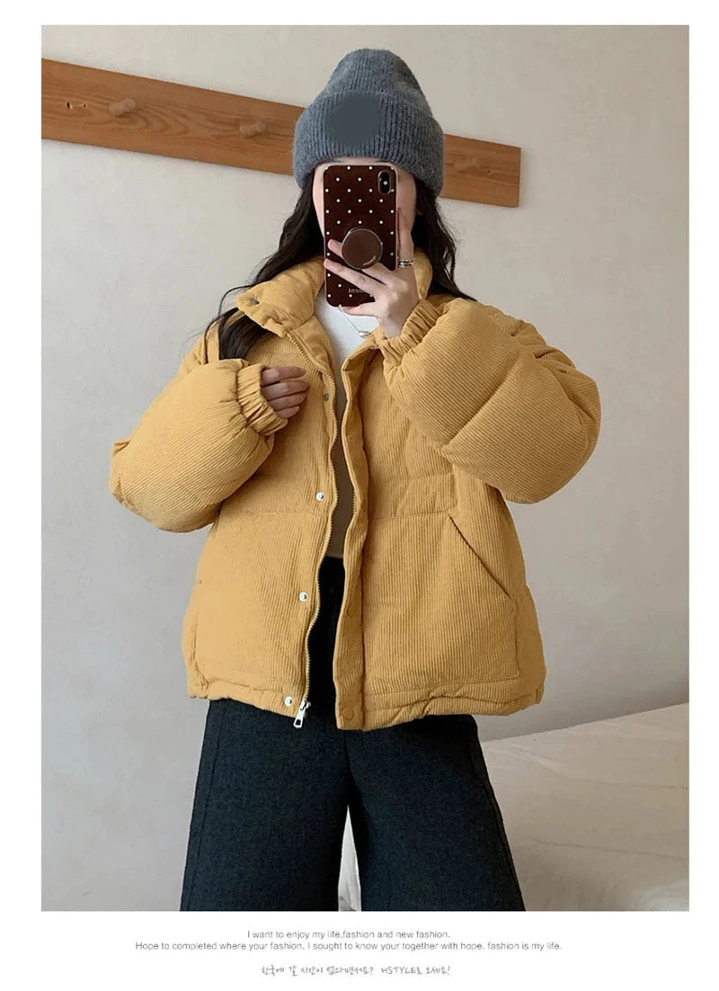 Women Sweet Corduroy Parkas Warm Long Sleeve Retro Stand Collar Cotton Coat Winter Thick Casual Preppy Style Korean Jacket voguable