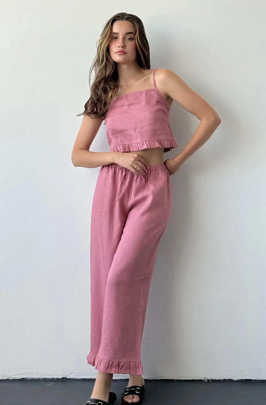 100% Cotton Ruffle Camisole And Loose Long Trouser Two Piece Set 2025 New Casual Summer Women Sets Homewear Sleepwear Pajamas voguable