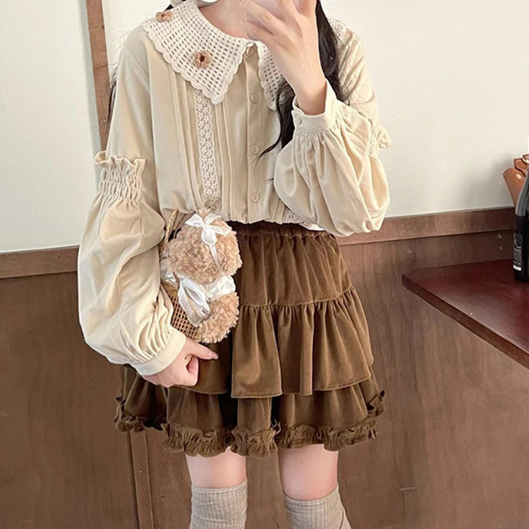 Voguable 90s Winter Ruffle Brown Kawaii Lolita Pleated Skirt Women Fairy Y2k Mini Skirt Female Korean Fashion Cute Mini Cake Casual Skirt voguable