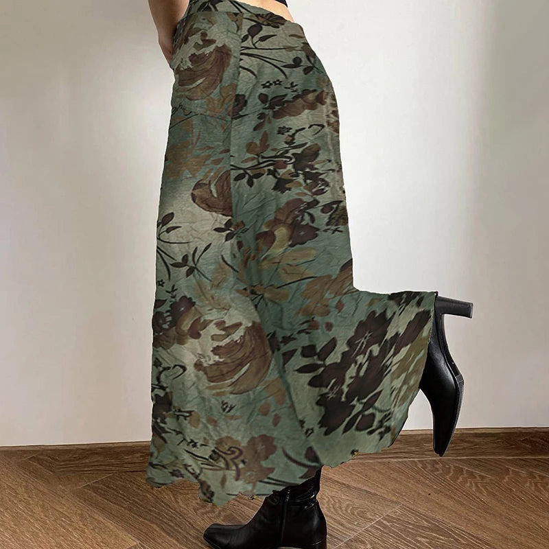 Vintage Print Loose Midi Skirt Women Retro y2k Low Rise Casual Skirts 2000s Aesthetic Ladies's Bottoms Harajuku Clothing voguable