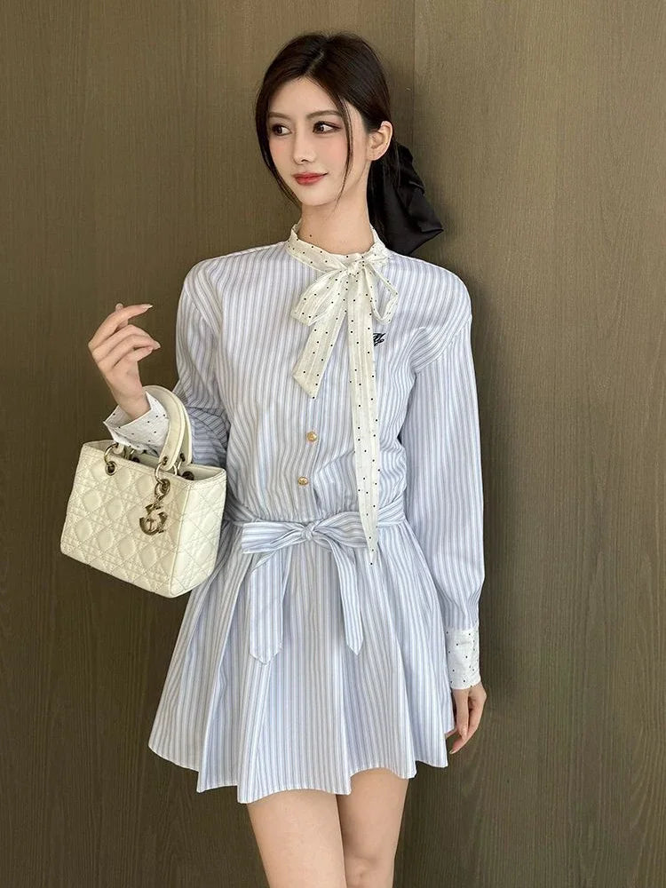 Korean Bow Striped Shirt Dress Women Casual Long Sleeve Elegant Sweet Mini Dress Vintage Patchwork Dot Female Design Dress voguable
