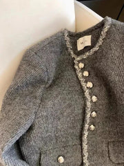 Gray Faux Woolen Coat Women Elegant Slim Vintage Long Sleeve Coat Casual O Neck Korean Retro Female Fall Winter Tops New voguable