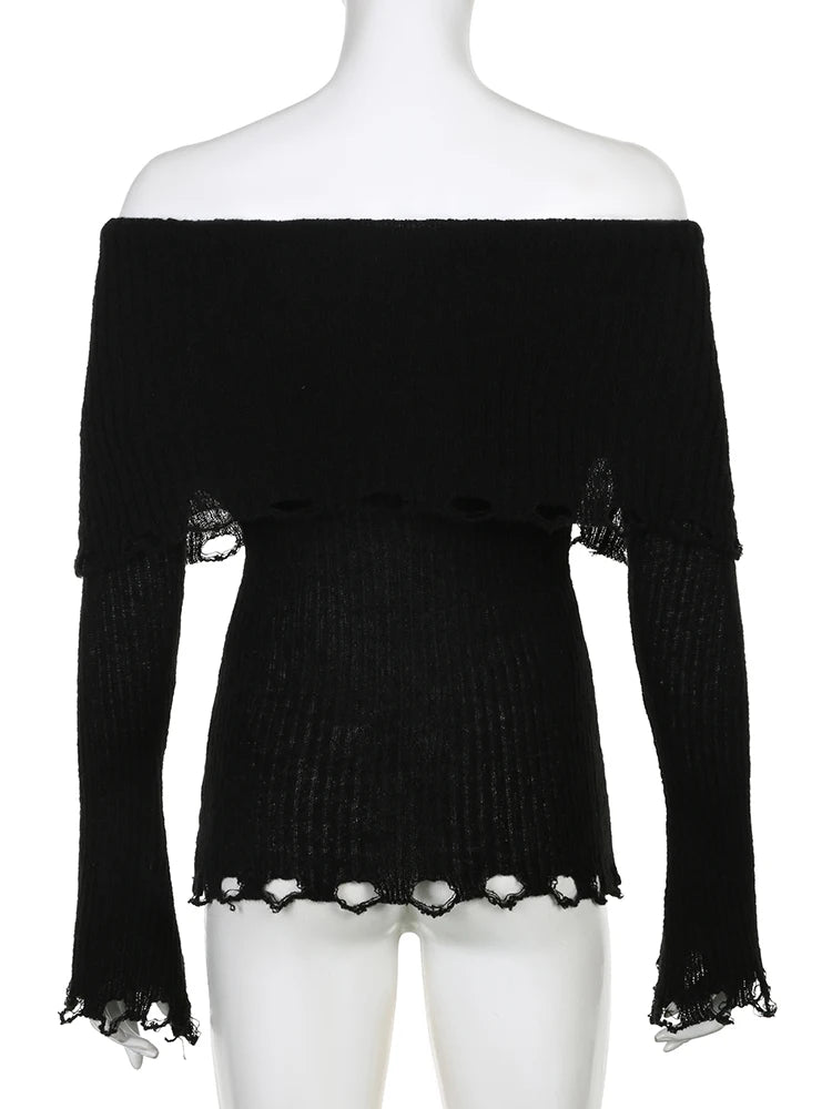 Voguable Grunge Fairycore Off Shoulders Ripped Sweaters Women Autumn Sexy Slash Neck Goth Jumper Tops Y2K Dark Academic Pullover voguable