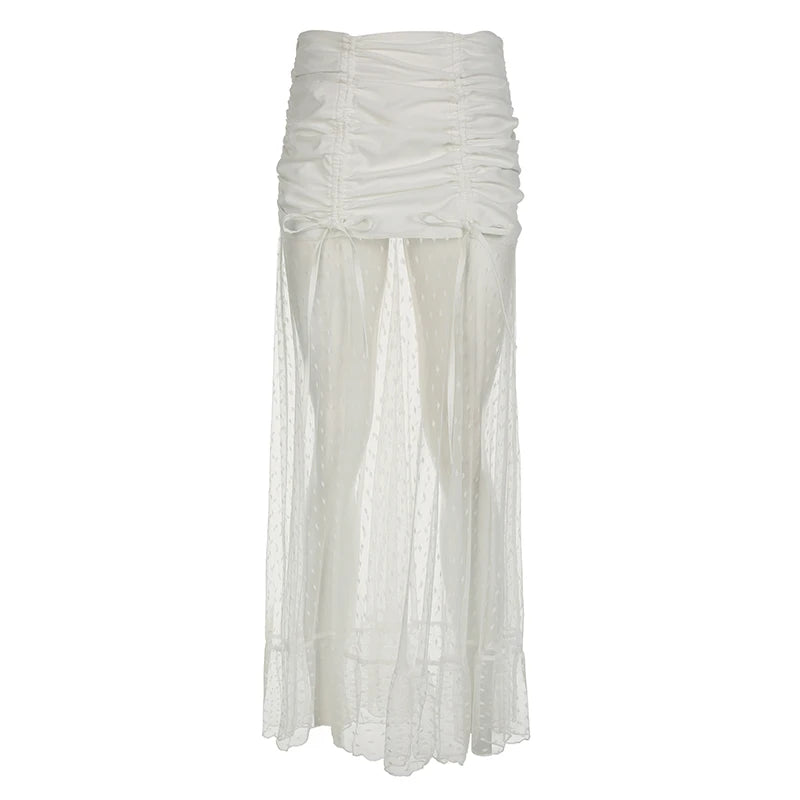 Voguable Sexy Pleated Drawstring  See Through Mesh Patchwork Long Skirt White Fairycore Aesthetic Ruffle-line Maxi Skirts Korean voguable