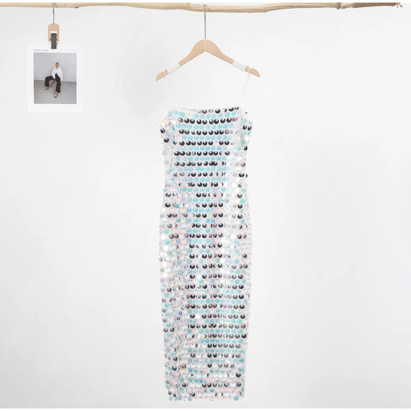 Sequined Tube Top Strap Dress Women Sexy Sleeveless Slim Solid Straight Long Vestidos Fashion Backless Slip Split Evening Robe voguable