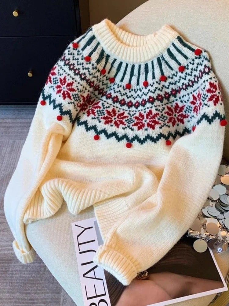 Sweet Print Christmas Red Sweater Women Cute O Neck Vintage Knitted Jumper Casual Korean Lady Fall Winter Preppy Style Loose Top voguable