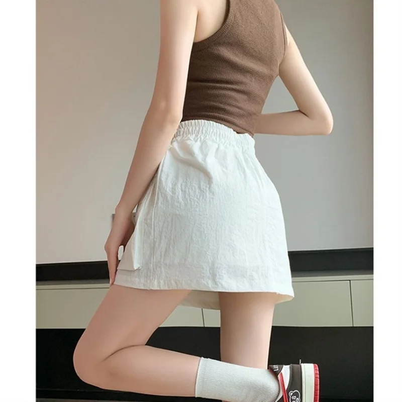 High Waist Drawstring Summer Women Short A Line Skirt Vintage Casual Cargo Big Zipper Pocket Skirt with Safety Shorts Hip Skirts voguable