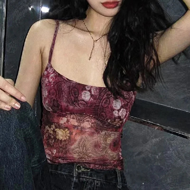 Voguable  Fairycore Grunge Floral Print Crop Top Vintage 2000s Y2K Aesthetic Tank Tops Chic Korean Style Sexy Corset Boho Camis voguable