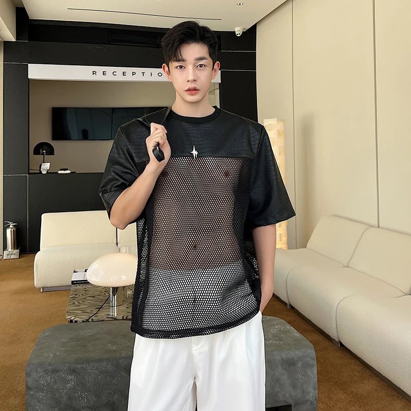 Voguable  Hollow Out Mesh Splicing Design T-shirt Short Sleeve Men's 2024 Summer Street High Quality Solid Color Trendy Tops voguable