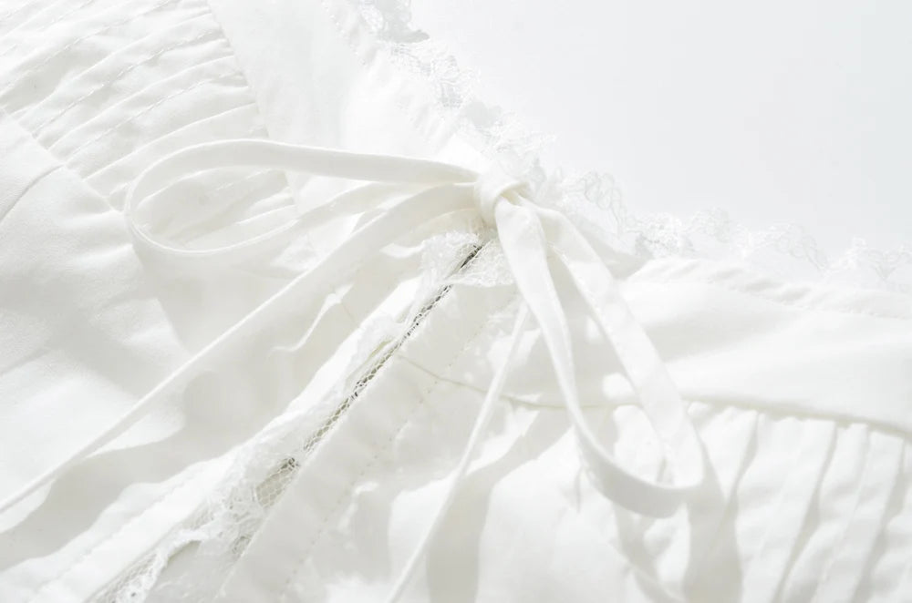 Voguable  New Fashion Women Lace Spliced White Tank Top Sleeveless Lace Up Sexy Collar Ladies Summer Crop Top voguable