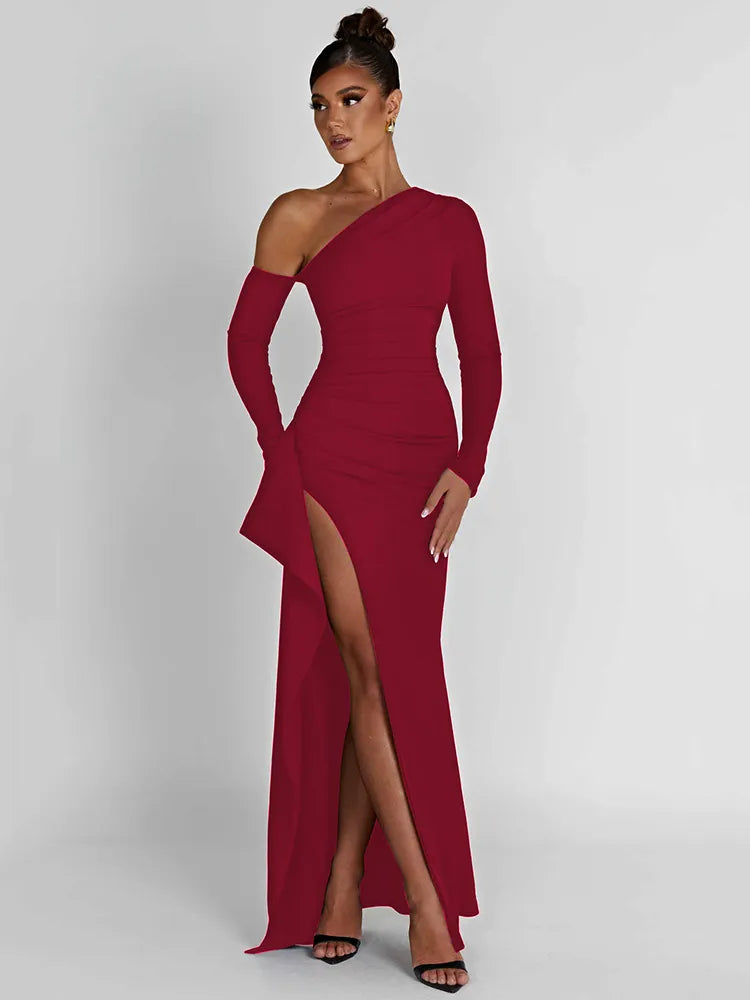 Oblique Shoulder Thigh High Split Maxi Dress Women Long Sleeve Backless Bodycon Sexy Club Party Long Dress Vestidos voguable