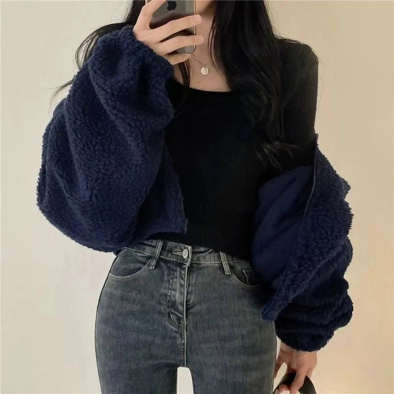 Artificial Lamb Wool Crop Jacket Women Autumn Winter Thick Warm Plush Coat Female Fashion Zipper Stand Collar Casual Outerwear voguable
