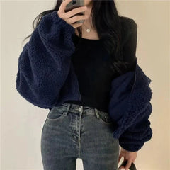 Artificial Lamb Wool Crop Jacket Women Autumn Winter Thick Warm Plush Coat Female Fashion Zipper Stand Collar Casual Outerwear voguable