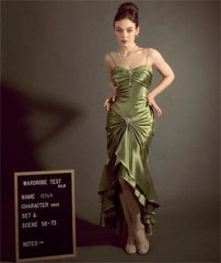 Voguable Elegant Vintage Olive Green Prom Party Gown Celebrity Dresses Sweetheart Crystal Button Pleat Taffeta Satin Evening Dress voguable