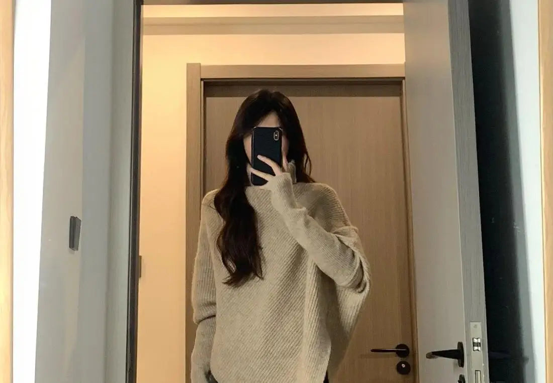 Autumn Winter New Women Sweater Korean Fashion Chic Casual Turtleneck Solid Asymmetr Loose Batwing Sleeve Pullovers Knitted Tops voguable