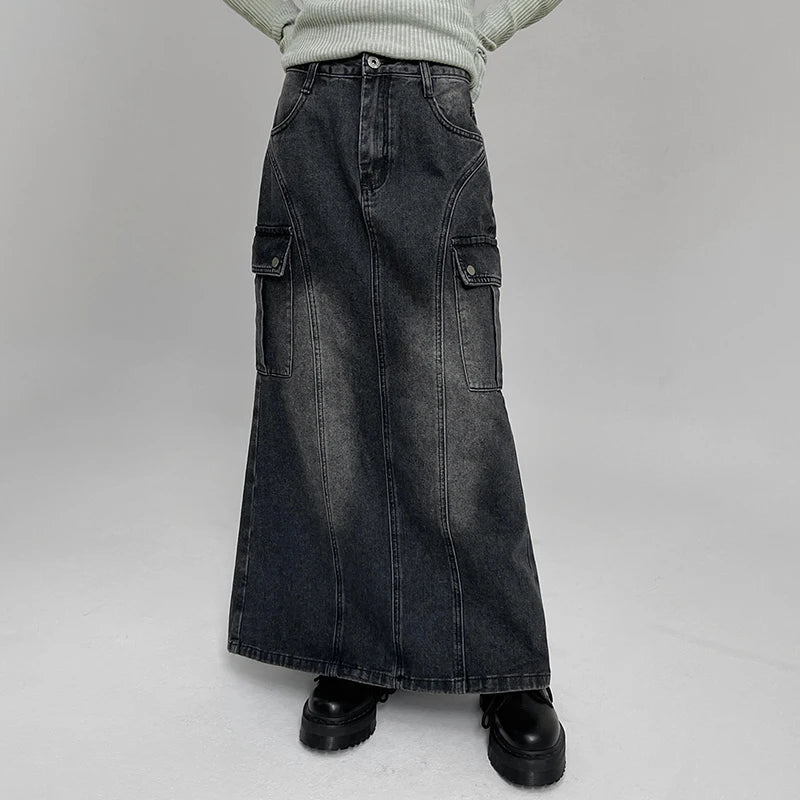 Voguable Vintage Pocket Split Washed Denim Maxi Skirt High Waist Women Y2K Streetwear Long Skirts Harajuku Korean Fairy Grunge voguable