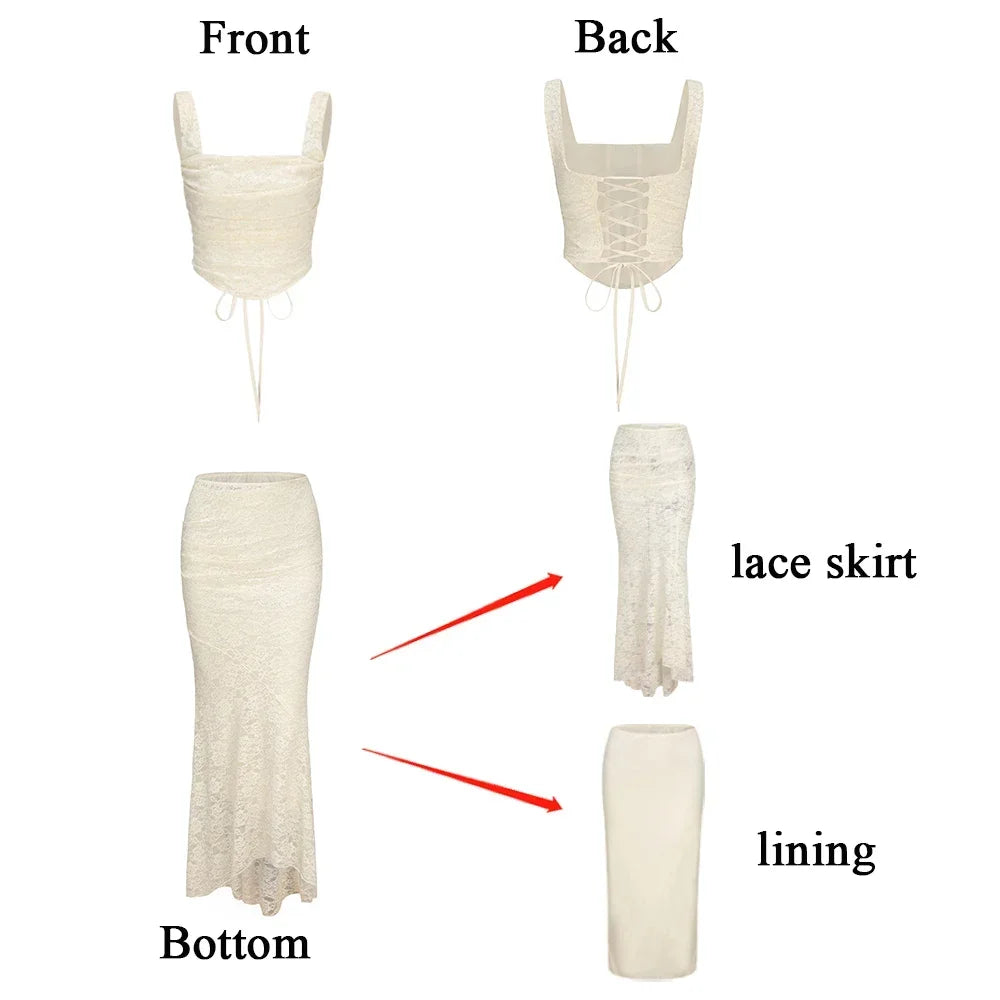 Oligai Elegant Wedding Guest Dress Women Lace Up 2 Piece Dress Set Beige Crop Top and Maxi Skirt Set Sexy Formal Event Dress voguable