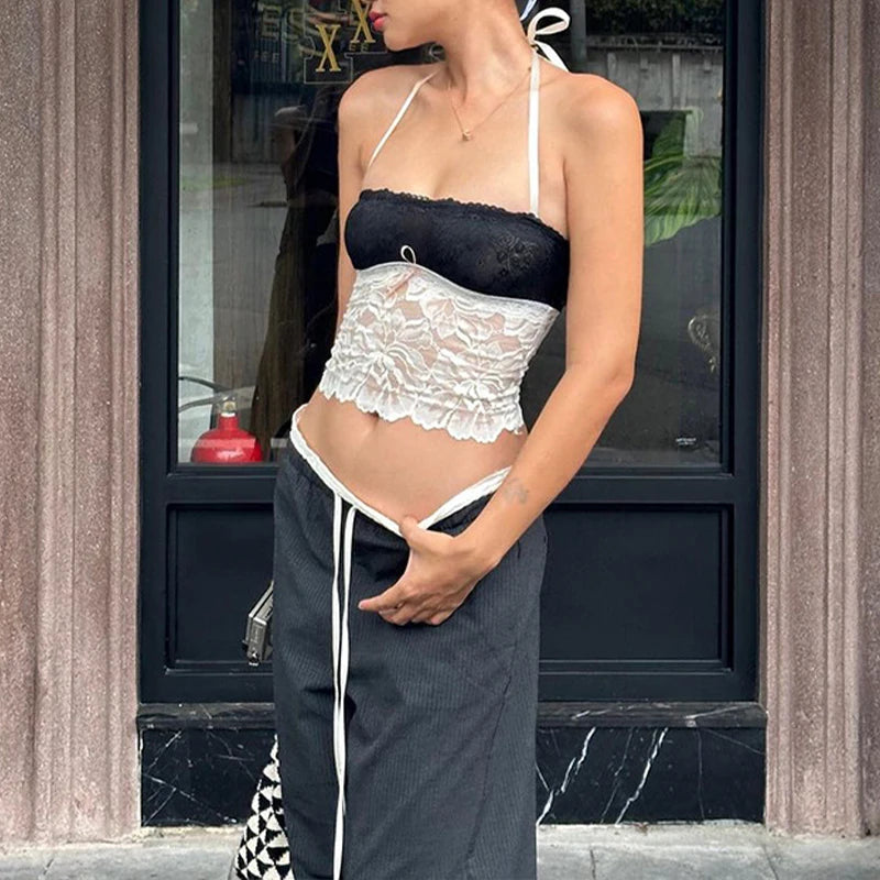 Voguable  Y2k Flower Lace Patchwork Trim Crop Top Female Fairycore Strappy Halter Sleeveless Backless Sexy Party Camisole with Bowknot voguable
