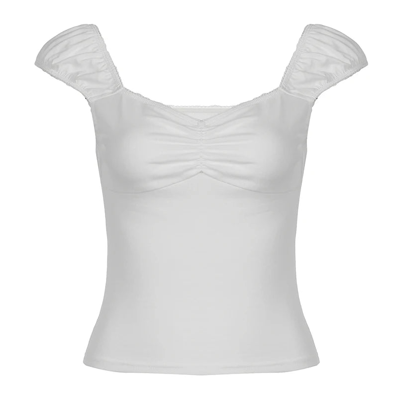 Voguable All-math T-shirts Women's Casual Basic Chest Folds V-neck Drop-shoulder Sleeves T-shirts Korean Style Streetwear Tees voguable
