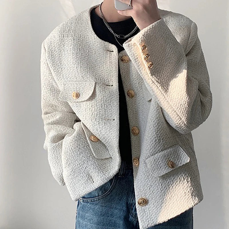 Korean Style Fashionable Tweed Round Neck Jacket Men Japanese Trendy High-end Single-breasted Short Jacket with Temperament voguable