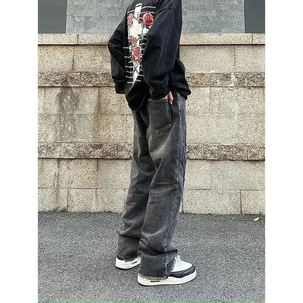 Vintage Flame Embroidered High Rise Jeans Women's Washed Old Loose Fit Jeans Women's Y2K Jeans Casual Pants Loose Fit Jean voguable