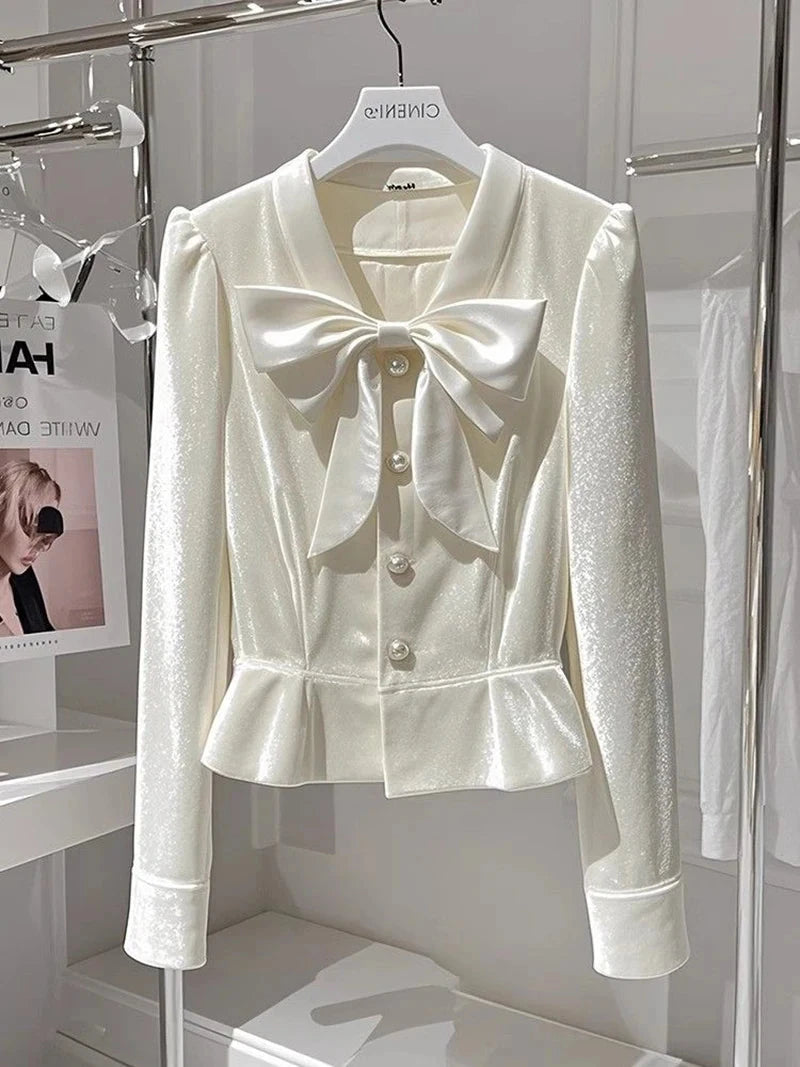 Chic Bow Velvet Elegant Shirt Women Slim Long Sleeve V Neck Fashion Blouse Korean Casual Fall Single Breasted Female Sweet Tops voguable