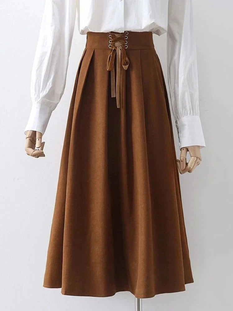 Preppy Style Vintage Long Skirts Women High Waist Sweet Loose A Line Skirt Lace Up Retro Fall Winter Female Elegant Long Skirts voguable