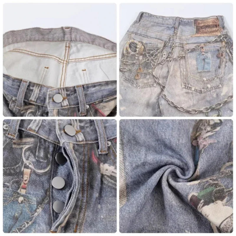 New 3D Chain Printed Baggy Jeans For Men And Women Casual Baggy Straight Denim Pants High Street Wide-leg Y2K Blue Jean