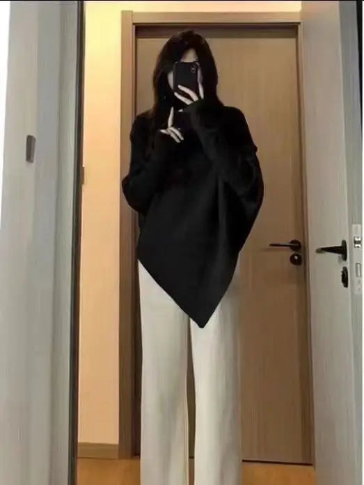 Autumn Winter New Women Sweater Korean Fashion Chic Casual Turtleneck Solid Asymmetr Loose Batwing Sleeve Pullovers Knitted Tops voguable
