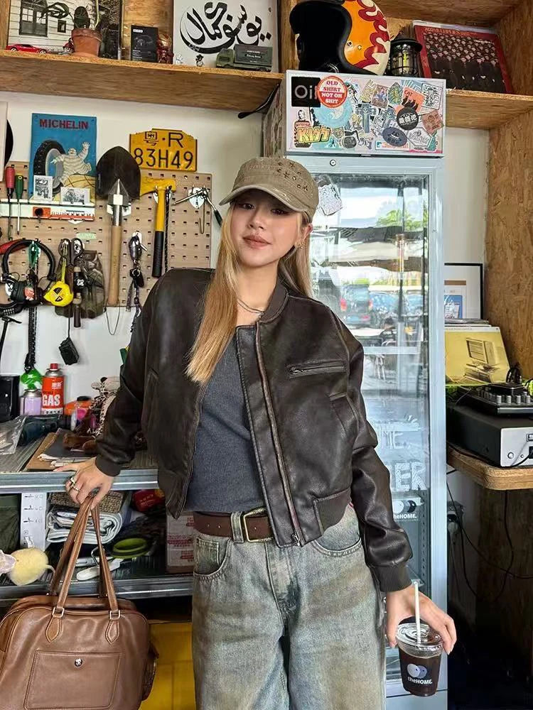 Y2K American Pu Leather Women Jacket Y2K Brown Vintage Long Sleeve Stand Collar Crop Coats Hip Hop Streetwear Zipper Outerwear voguable