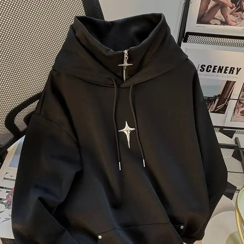 Voguable  Autumn Winter High Neck Hoodie Men Casual Trendy Sporty Japanese Retro Cool Teenage Fashionable Jacket Loose Fit Hooded voguable