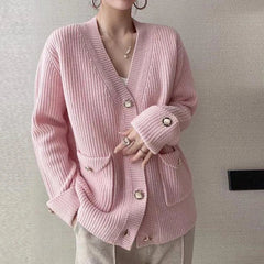 Voguable  Fashion Autumn Winter Button Solid Color Knitted Sweater Women Long Sleeve Cardigan  Loose Elegant Korean Clothing voguable